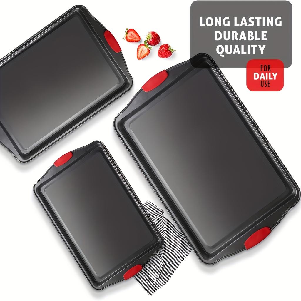 1pc Non-stick Baking Tray | Carbon Steel, Heat-resistant, with Red Silicone Handle, Easy to Clean, Suitable for Cookies, Cakes, and Bread | Brand: LDQ