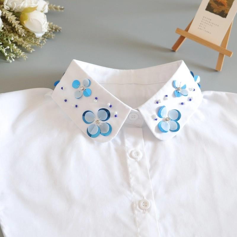 New White Sequined Fake Collar Woman Detachable Collar Women Black Vintage Ladies False Blouse Collar Lapel Cotton Half Shirt