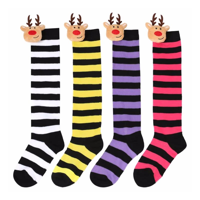 Winter Children's Stockings Striped Christmas Elk Doll High Tube Socks For Girls Boys Knee High Kids Long Sock New Year One Size