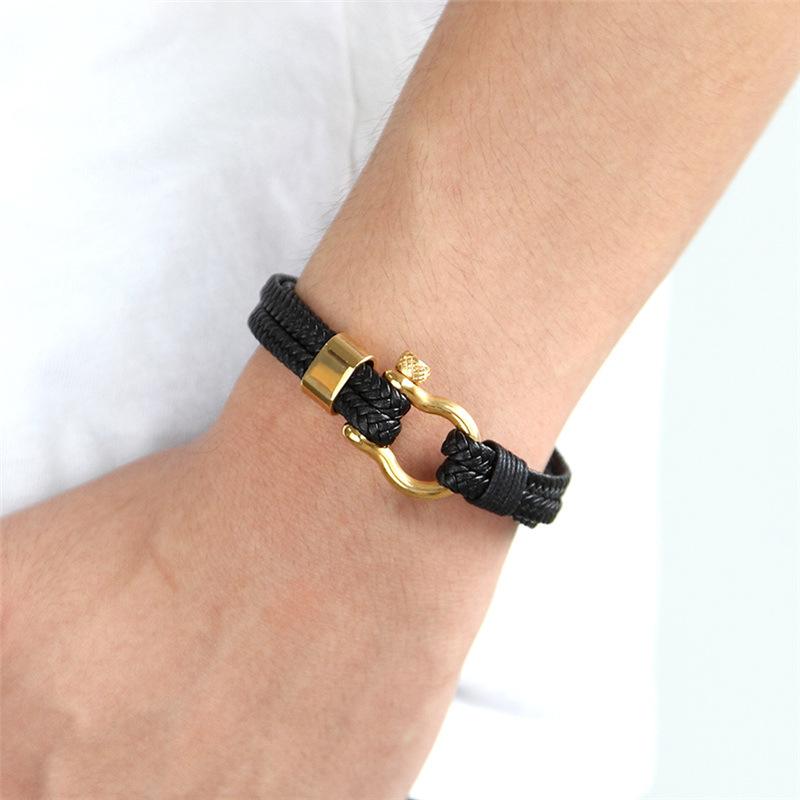 2026 European and American Bracelet Men's Genuine Leather Woven Titanium Steel Bracelet Horseshoe Buckle Jewelry Bracelet Bracelet Bracelet