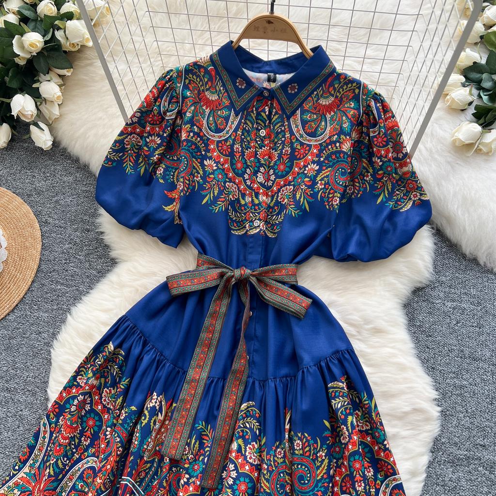 Summer Women Plus Size Lantern Sleeve Vintage Print Shirt Oversize Lace-up Dresses