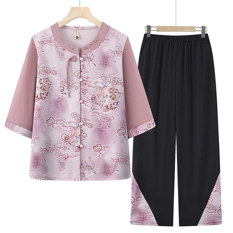 

Grandma s Summer Floral Casual Two-Piece Suit for Middle-Aged and Elderly Women 5XL (145-160 jin)