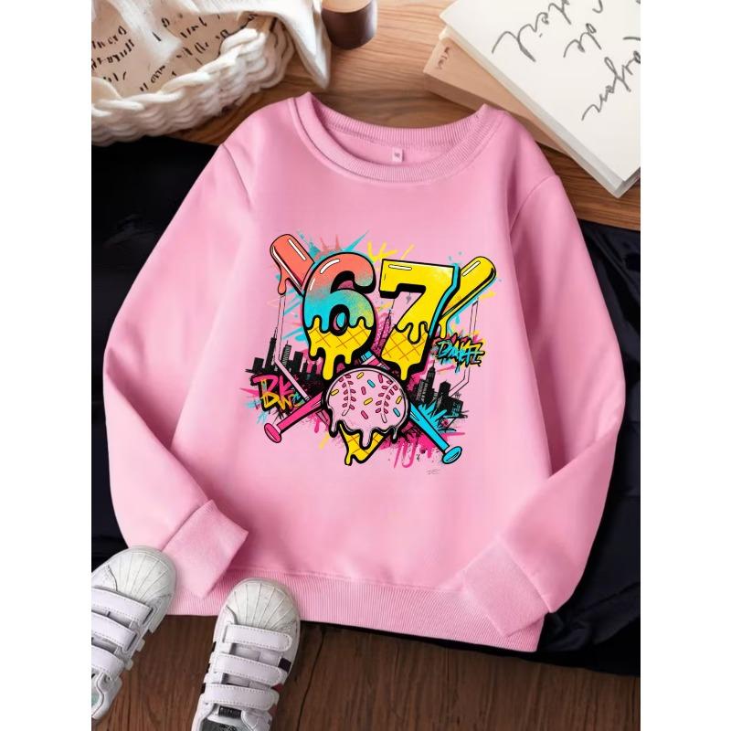 Unisex Kids Crewneck Sweatshirt For Over 4 Years Old Boys Girls Graffiti Ice Cream Donut Baseball Bat City Number 67 Print Pullover For 4-12 Kids