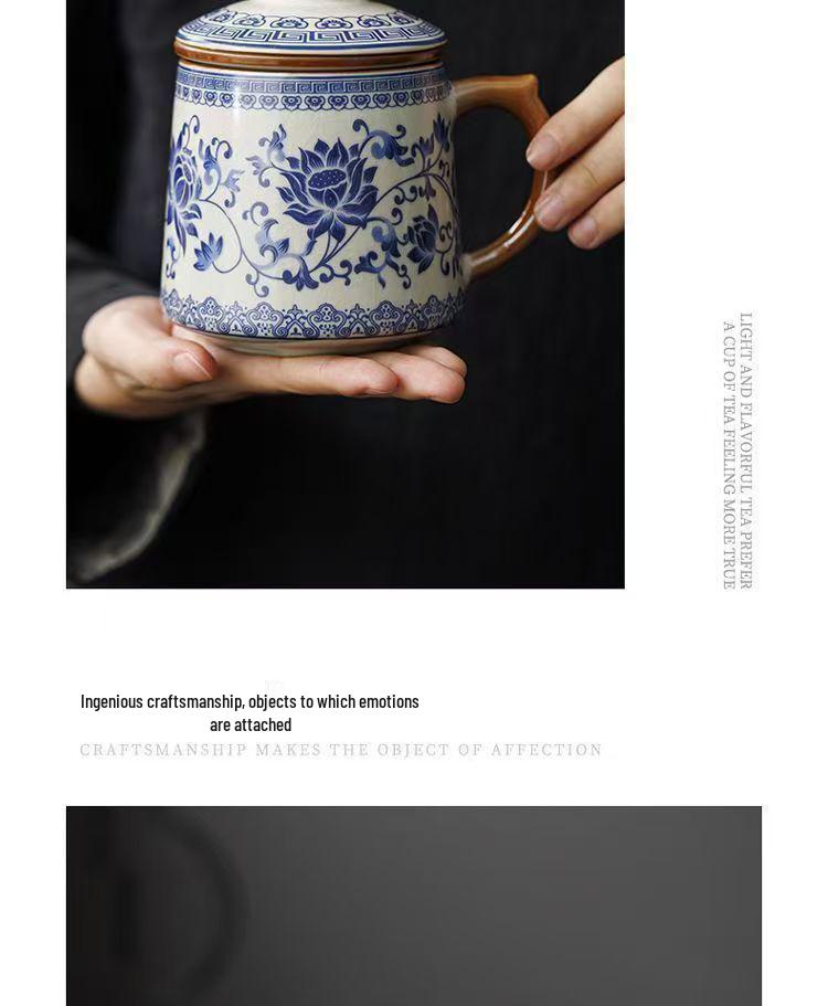 Blue and White Ceramic Office Mug with Tea and Water Separation, Large Capacity.