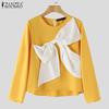 ZANZEA Women Casual Bows Patchwork Long Sleeve Loose Blouse