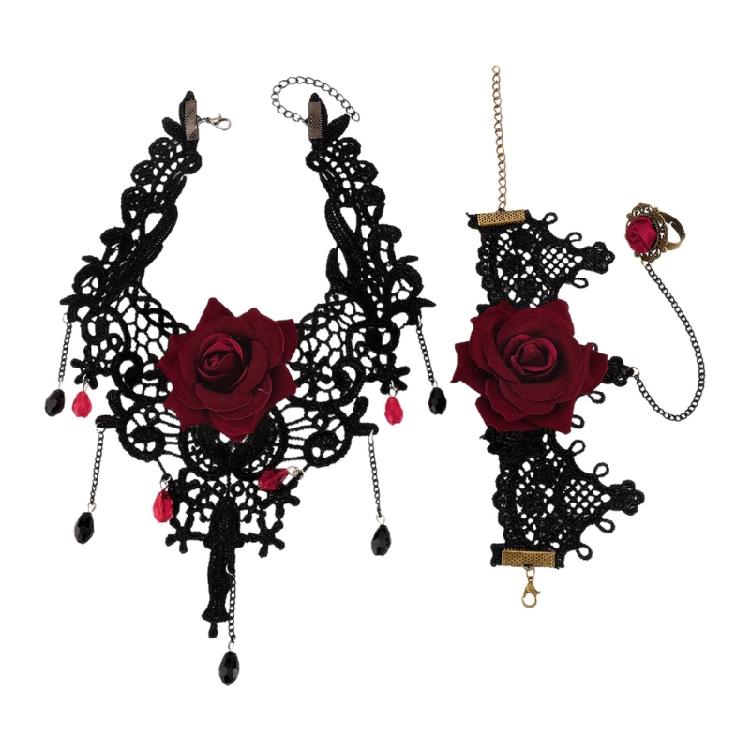 

Gothic Vampires Jewelry Set Lace Choker Necklace Finger Rings Bracelet Halloween Pirate Costume Accessories Set for Women 1 чёрный