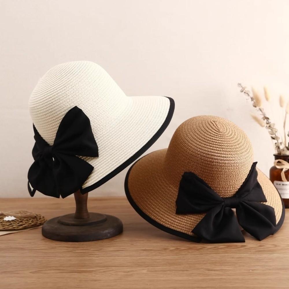 Large Bow Sunscreen Bucket Hat Fisherman Hat Bowknot Sun Cap Portable Straw Weave Sun Hat  Summer