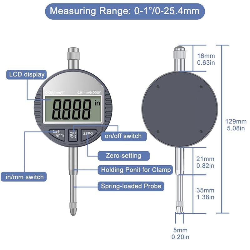 A25F-Electronic Digital Dial Indicator Gauge 0-12.7Mm/0.5" Inch/Metric Conversion,With 0.01Mm/0.0005"Resolution For Testing B