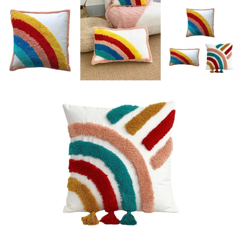 Bohemian Style Rainbow Pillow Cover Soft Cotton Linen With Tassels And Embroidery