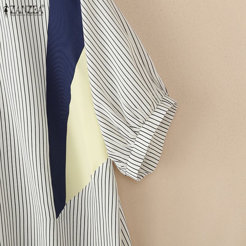 ZANZEA Women Casual Round Neck Stripe Print Loose Short Sleeve Blouse