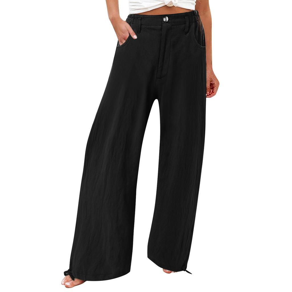 Summer Cotton Linen Wide Leg Pants Women Loose Palazzo Pant Pocket Elastic Waist Button Casual Pants