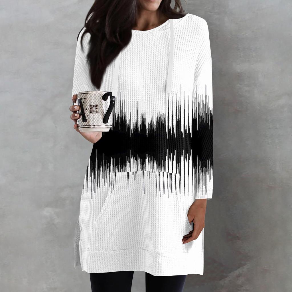 Dámské volné košile s potiskem, dlouhý rukáv mikiny se stahovací šňůrkou, úplet postranní rozparek Tunika s kapucí, s kapsou