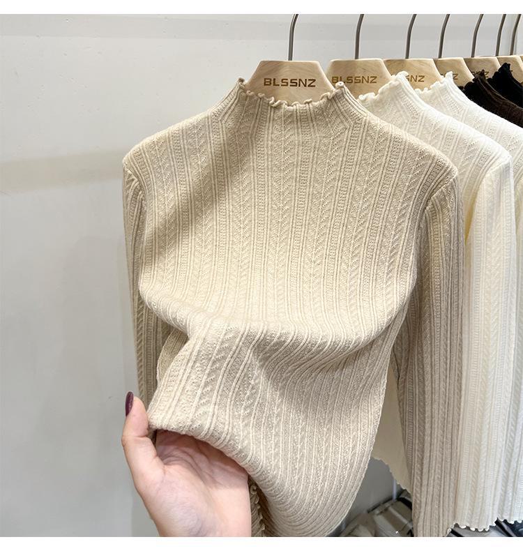 Women's Half Turtleneck Knit Sweater - White, Wood Ear Edge Design, Spring/Fall/Winter