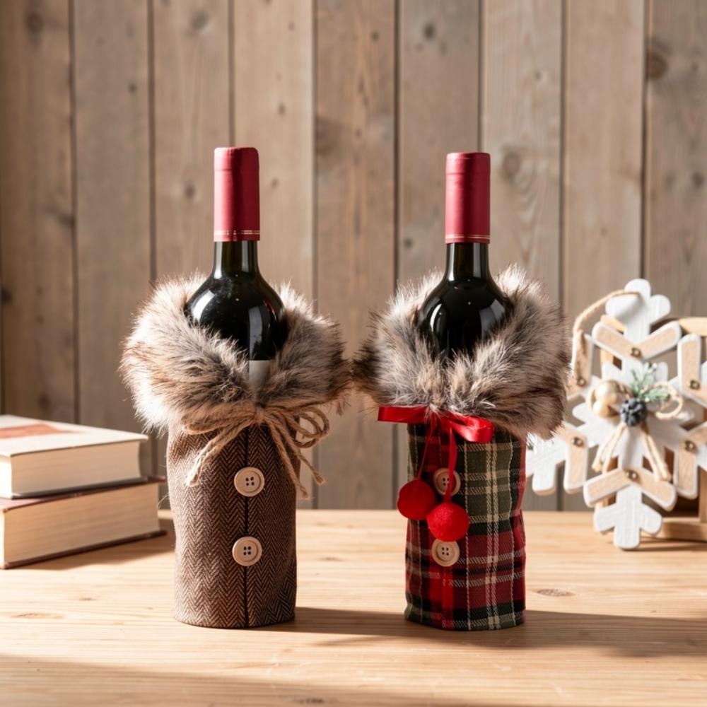 1Pc Christmas Wine Bottle Cover With Plush Collar,Polyester Wine‑Bottle Sleeve for Holiday Party,Home Decoration