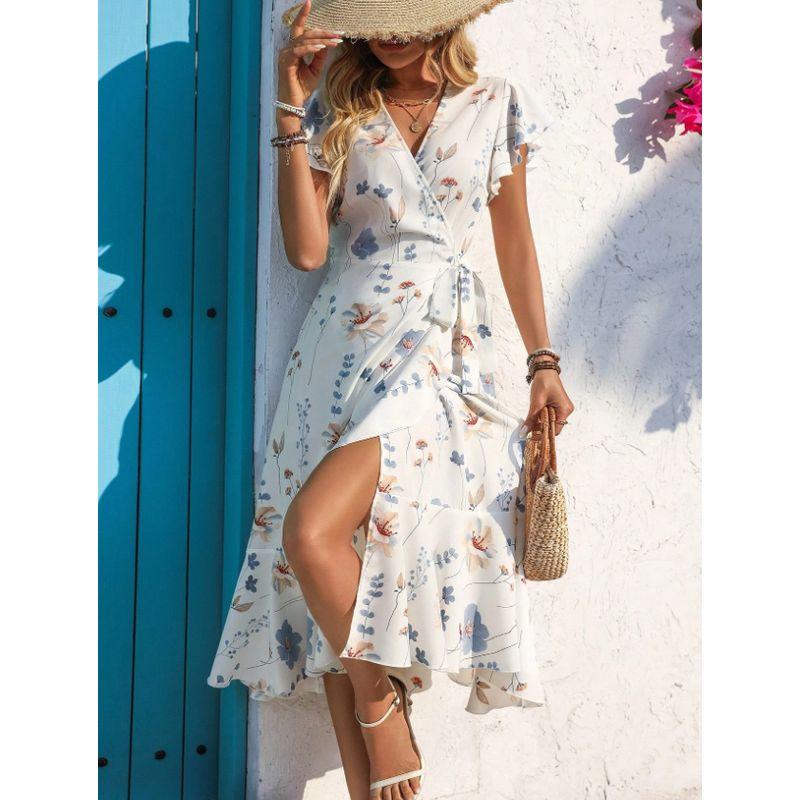 

Модный стиль Модный Элегантный Приталенный Летний Новый Платье с V-образным вырезом и коротким рукавом с принтом Стиль для отпуска Пляжная юбка Мода White S