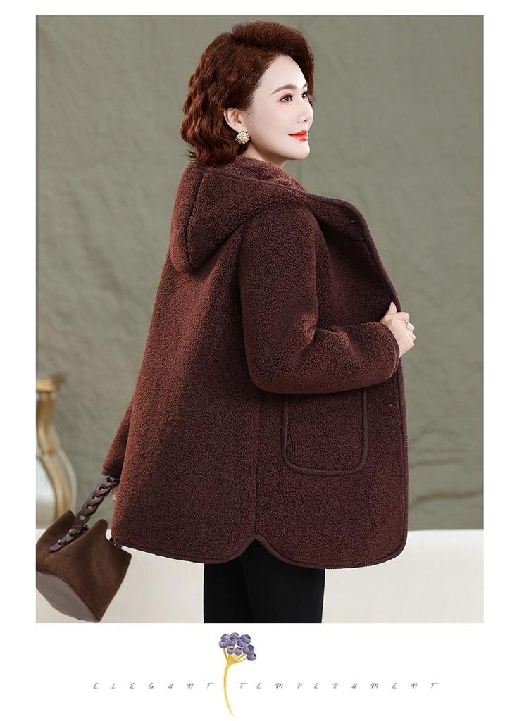 Mom's Fashionable Winter Hooded Fleece Lined Cotton Jacket for Middle-Aged & Elderly Women