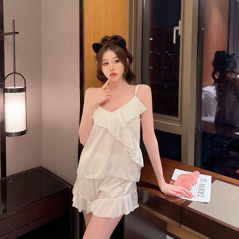 Sexy pajamas women's ice silk summer suspender shorts two-piece set with chest pad pure desire style new loungewear available