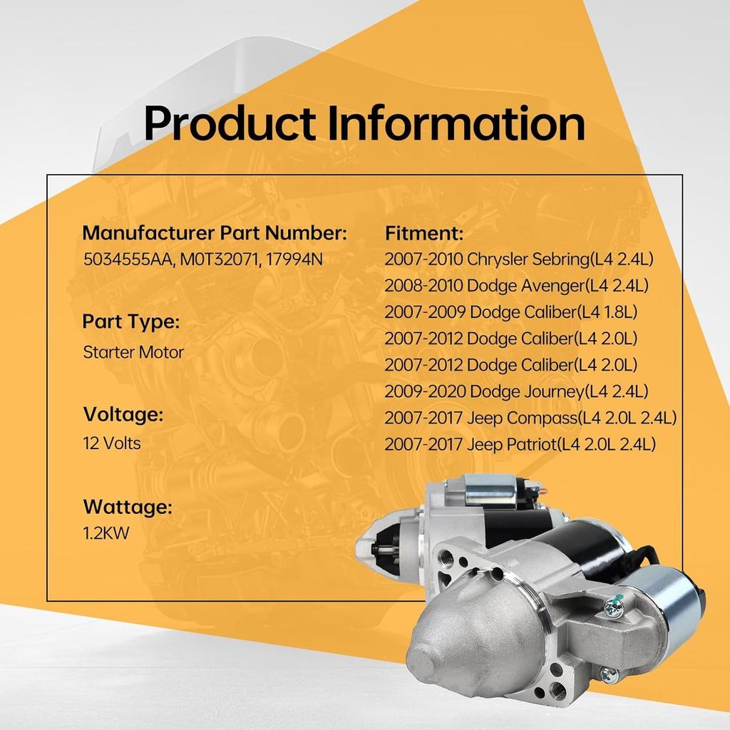 05034555AA 5034555AA R5034555AA Starter Motor For 2007-2013 Jeep Compass 2.0L 2.4L 2007-2009 Dodge Caliber 1.8L Starter Sliver