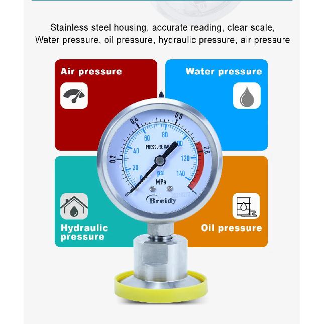Xin Tester 0-2.5Mpa Air Glycerol Free Pressure Gauge Dia 60mm Stainless Steel Diaphragm Oil water Hydraulic Gauge YTP60