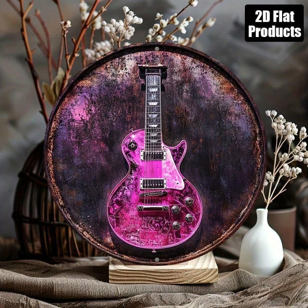 Vintage Guitar Metal Wall Sign 8x8 Inch Round Rustic Aluminum Plaque Distressed Home Bar Office Decor