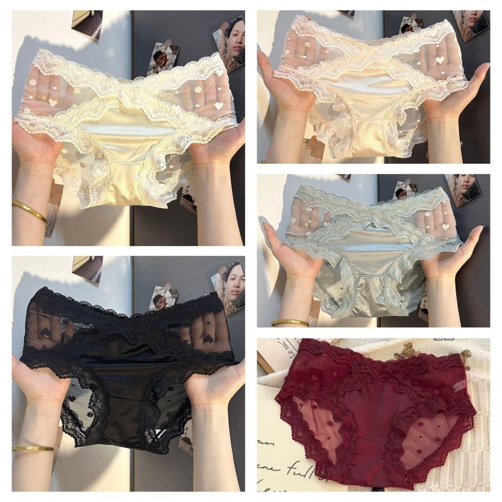 Transparent Lace Flower Panties Satin Silk Lace Mesh Briefs Lingerie French Style Briefs  Gifts