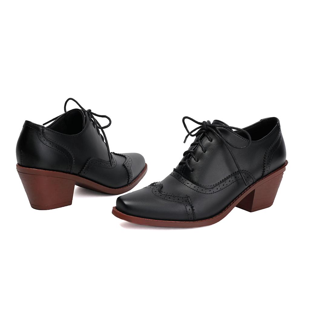 Damen Perforierte Brogues Oxfords Klobige Hohe Absätze Schuhe Quadratische Zehenpartie Schnürschuhe Vintage Pumps für Roaring 20’s Kostümparty