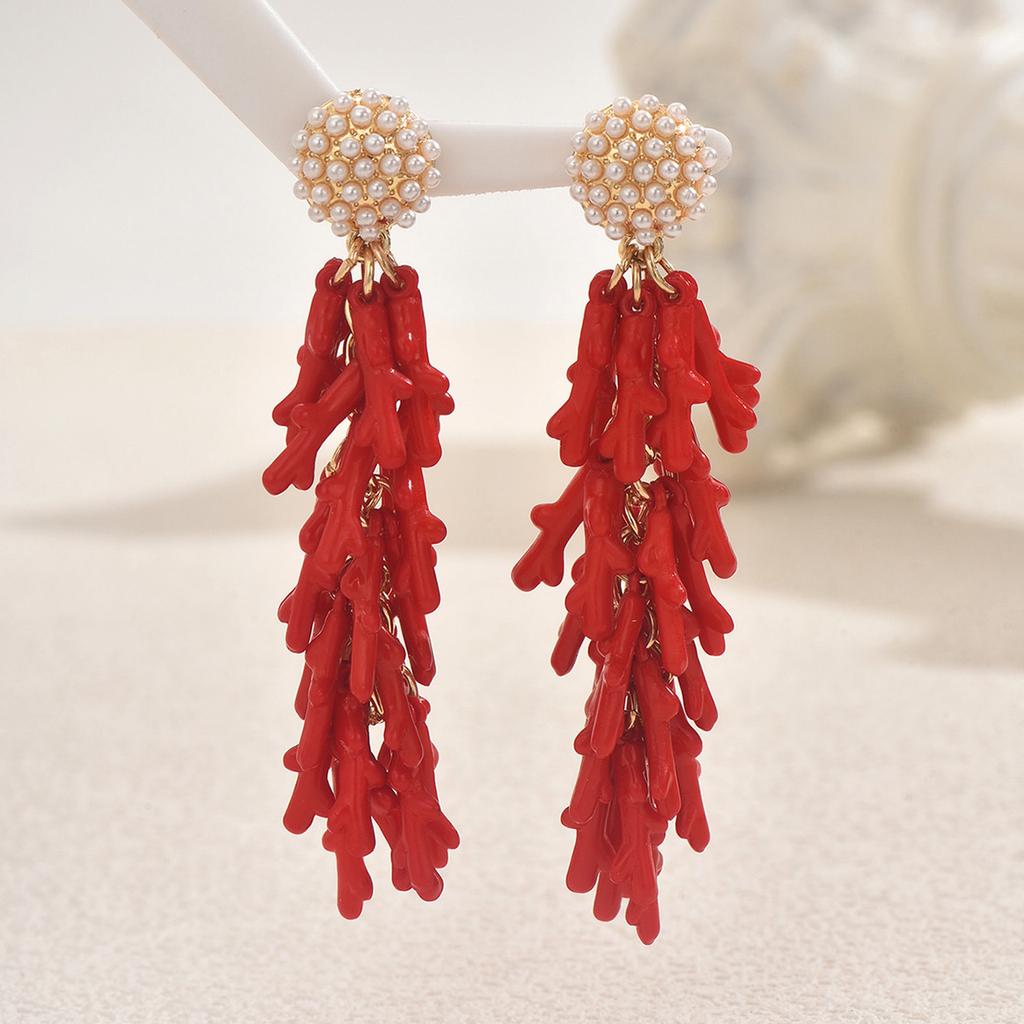 Stylish Beach Coral Resin Earrings With Pearl Accents Lightweight Alloy Jewelry For Women Daily Wear