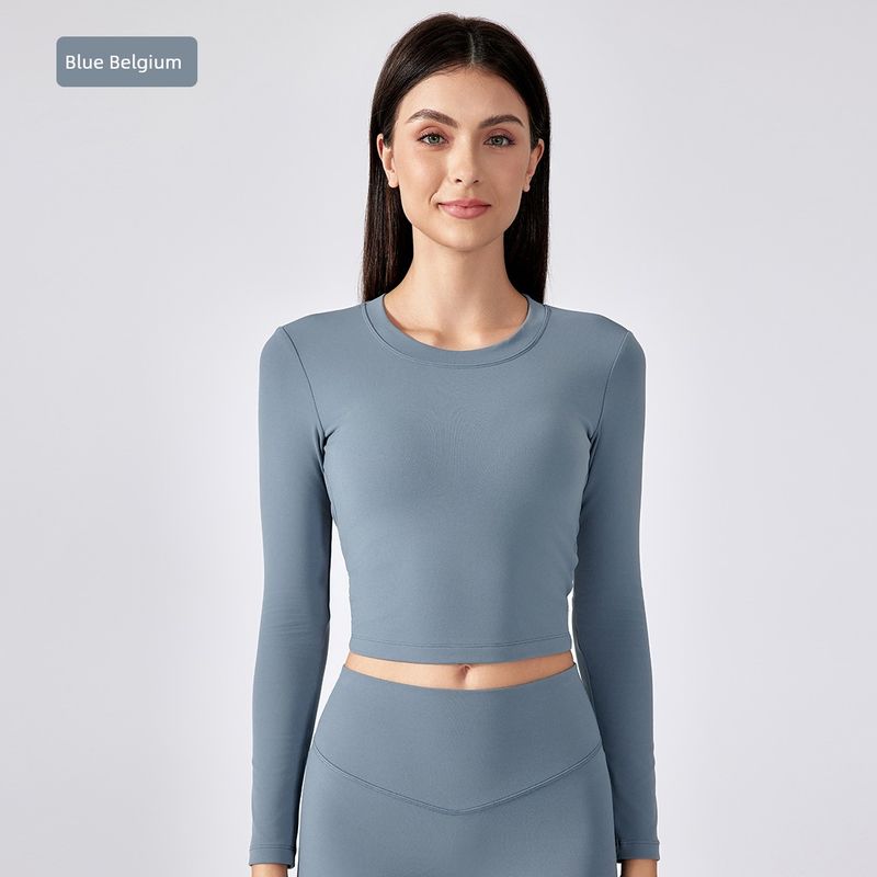 

One-Piece Yoga Clothes Long Sleeves Sports T-shirt Female Quick-Drying Pilates Training Wear with Chest Pad Open Back Workout Clothes Female Blue Belgium 6