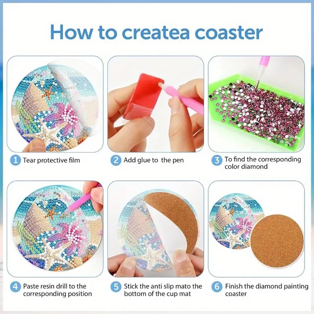 8 Pieces/set of Underwater World Animal Diamond Painted Coaster Set with Bracket DIY Coaster for Beginners and Adults, Gift of Art and Crafts Supplies