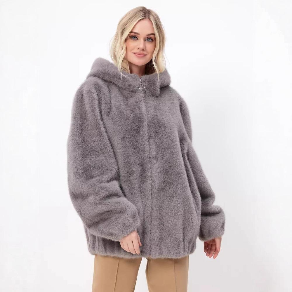 Women's Hooded Long Sleeve Zip Up Faux Fur Oversized Streetwear Winter Coat Jacket