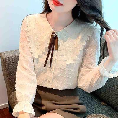 Fashion New 2024 Autumn Long Sleeve Doll Collar Casual Apricot Blouse Shirt Women Tops Blouses Shirts J567