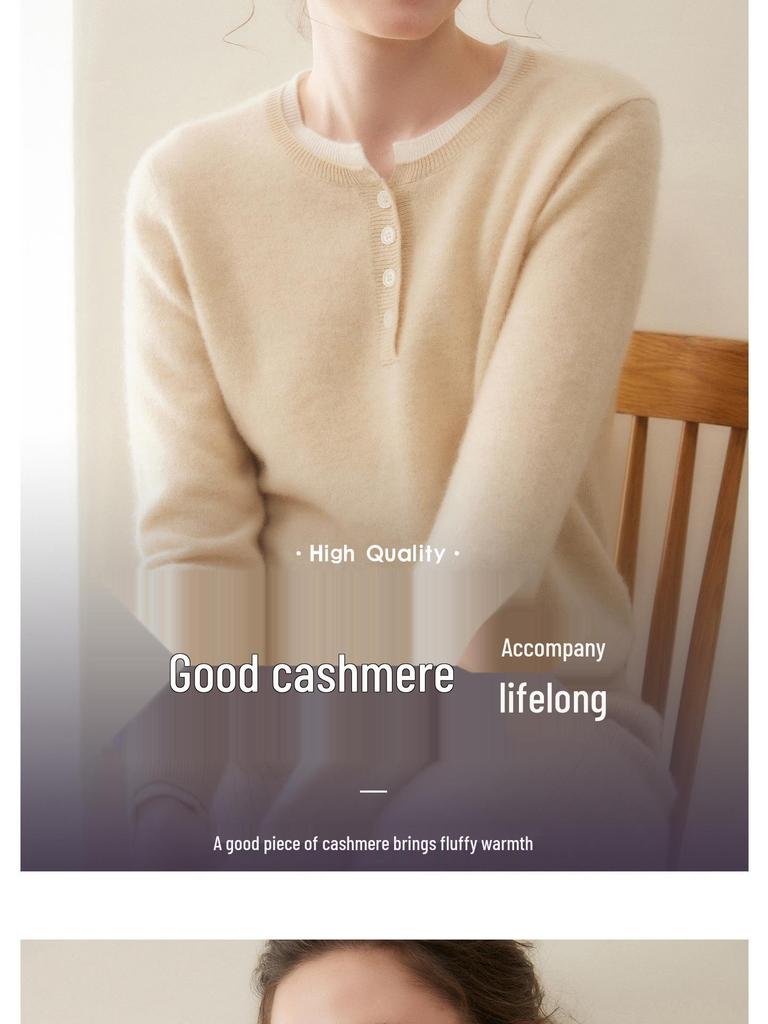 Autumn/Winter 2025 Women's Cashmere Sweater: Round Neck, Button-Up, Loose Fit, Color Block Long Sleeve Knit