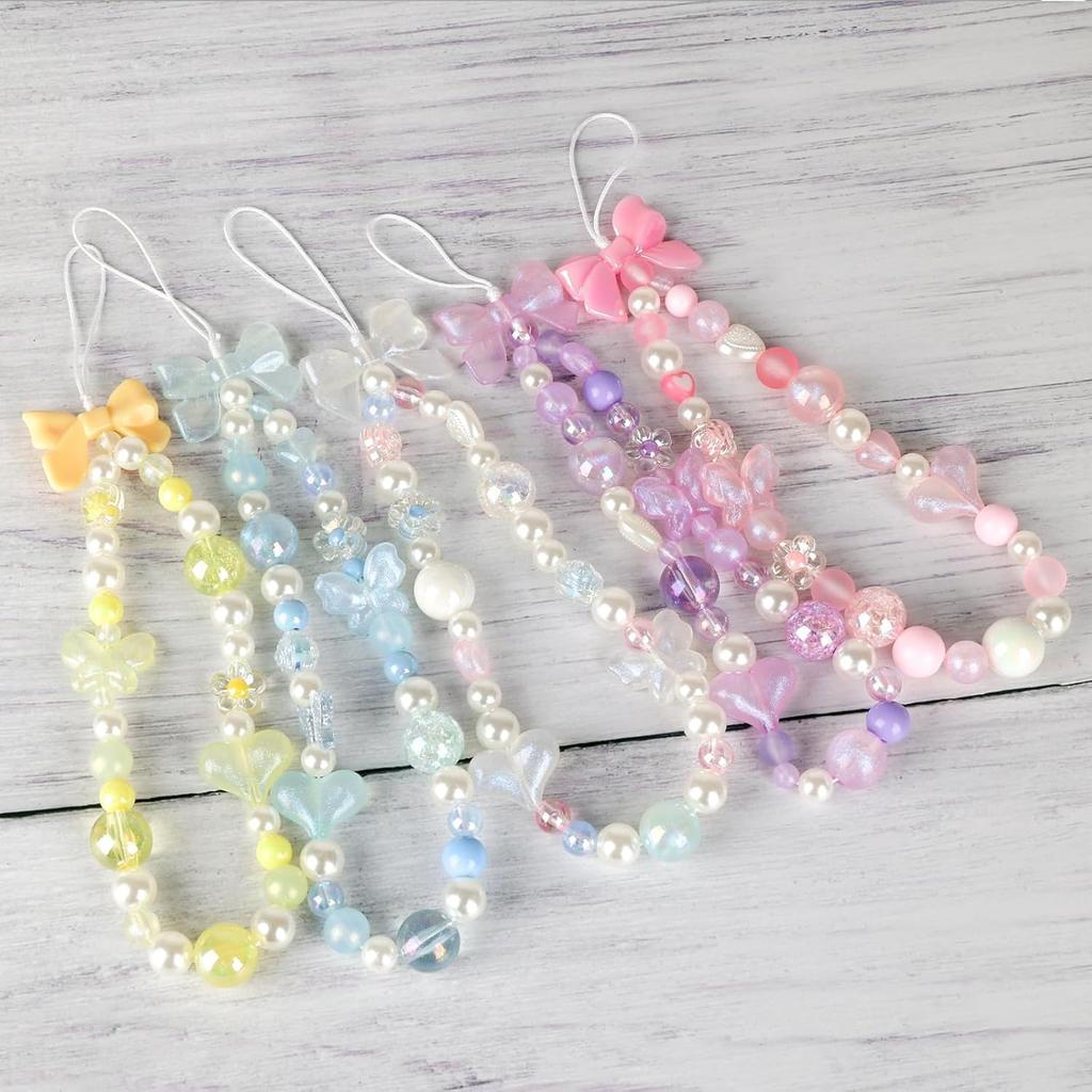 LUVI Beaded Phone Charm Lanyard Wrist Strap Love Heart Bow Beads Butterfly Chain Flower String Pearl Bling Bracelet Keychain Cute Fashion for Women