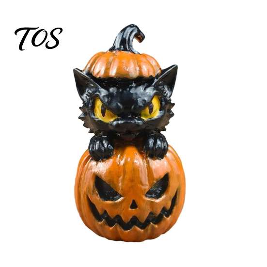 Decorative Desktop Sculptures Halloween Black Cat & Pumpkin Resin Ornaments, Cute Figurines, Artistic Craft Collectibles Cartoon And Statue