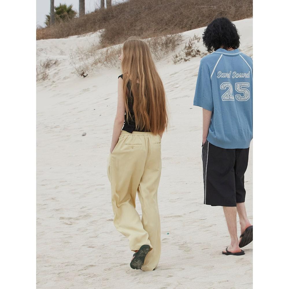 Saendeusaundeu (Unisex) Wide Elastic Waist Pants Beige