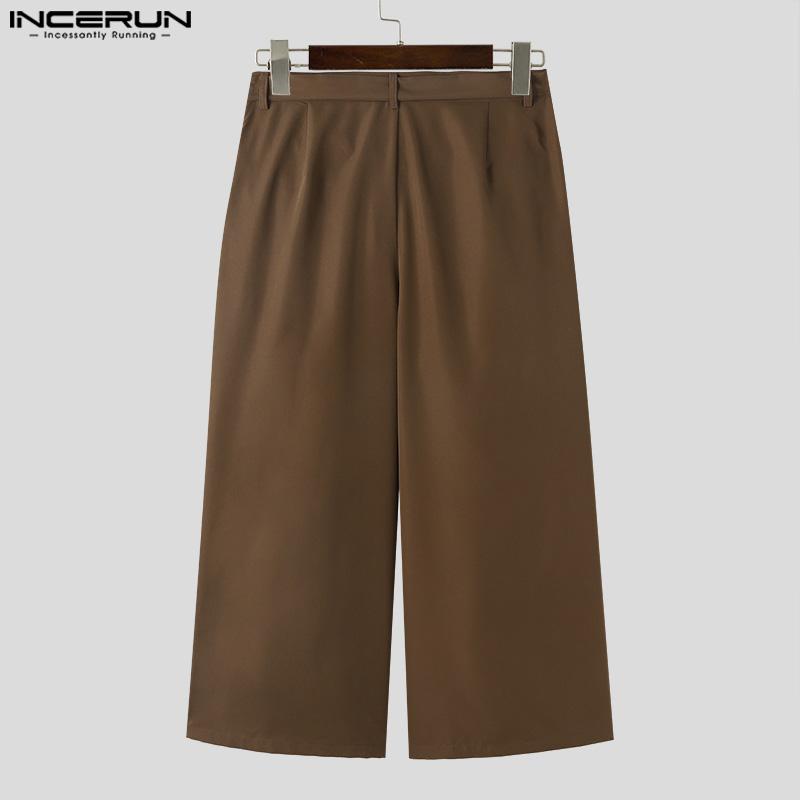 INCERUN Men Zipper Up Belted Wide Leg Trousers Casual Palazzo Pants
