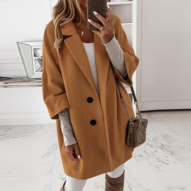 Lady Elegant Turn-down Collar Button Woolen Coat Fashion Women Autumn Loose Tops Outerwear Winter Long Sleeve Pocket Jacket