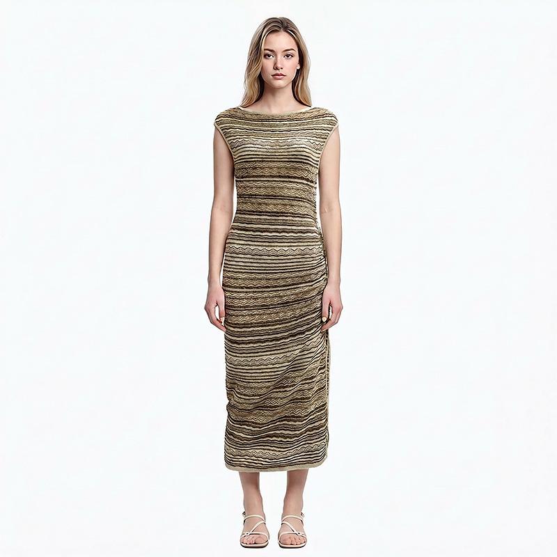 Elegant Lady Spring and Summer Crew Neck Sleeveless Tencel Striped Medium and Long Knitted Dress S