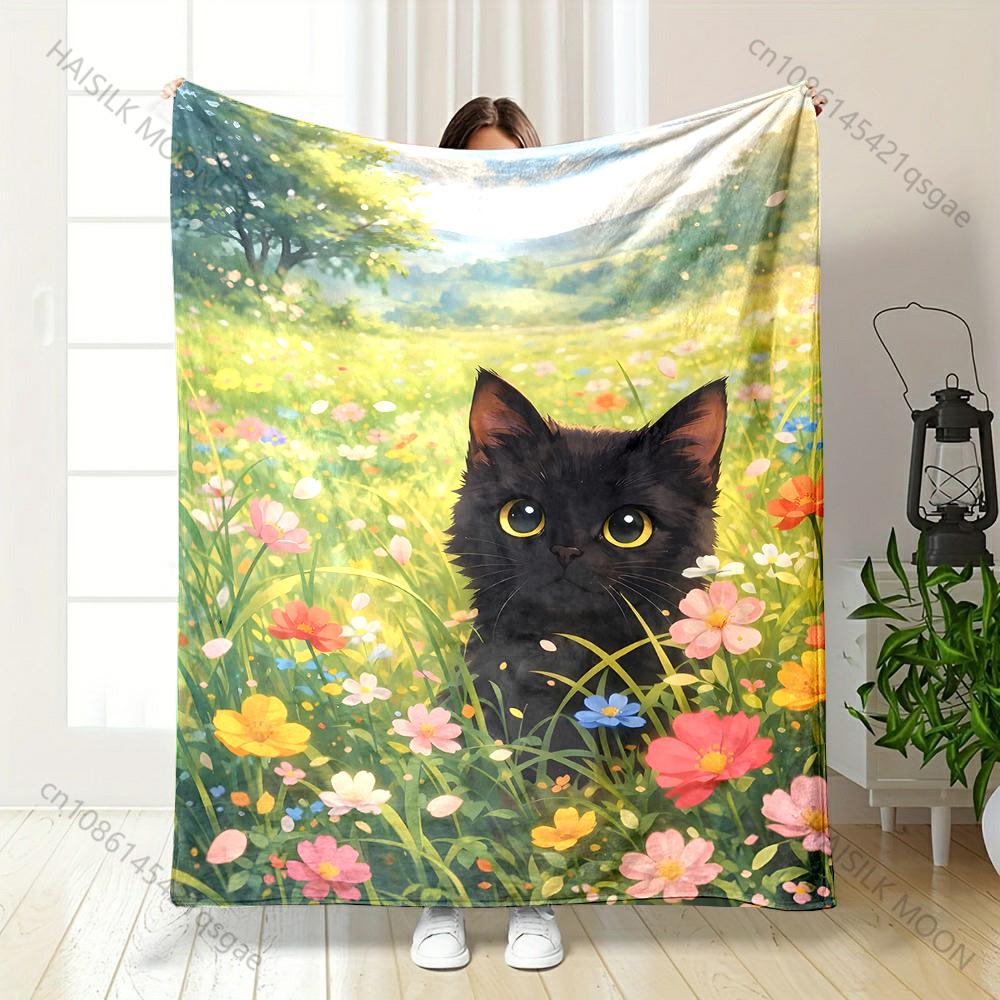 Black kitten in wildflower meadow sunlight Print Blanket Warm Soft Fluffy Kids and Adult Sofa Bed Throw Outdoor Travel Camping 75X95CM