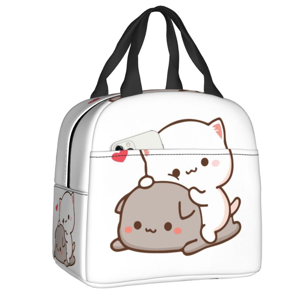 Custom Peach And Goma Mochi Cat Cuddling Thermal Insulated Lunch Bags Women Resuable Lunch Tote for School Storage Food Box