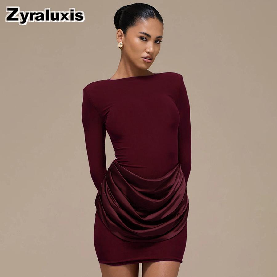 Women's Autumn Winter New Style Solid Elegant Casual Slim Fit Crew Neck Long Sleeve Ruffled Mini Dress