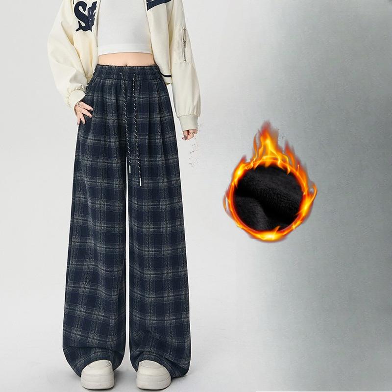 Plus Velvet Woolen Plaid Pants Women's Autumn and Winter Retro Straight Casual Loose Wide-leg Pants