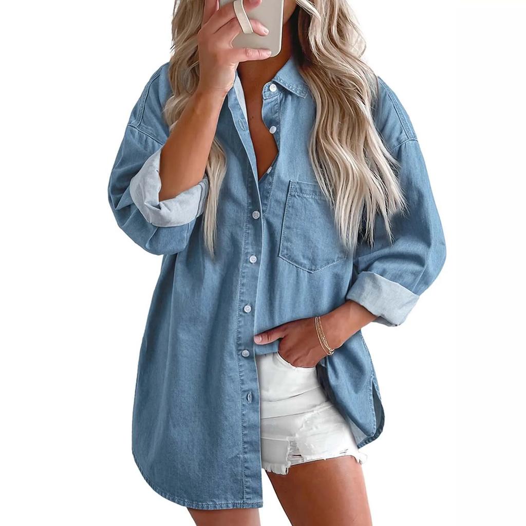 Women Denim Shirts Button Down Blouse Long Sleeve V Neck Casual Tops Comfy Long Shirt for Women