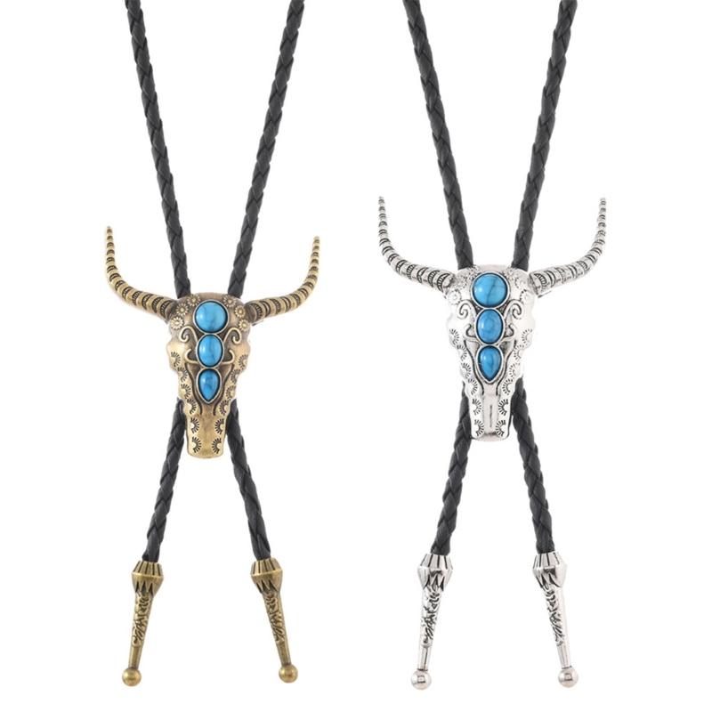 Bullhead Pendant Bolotie Antique Charm Necktie PU Cord Necklace For Men Casual Outfit And Western Styling Neckpiece