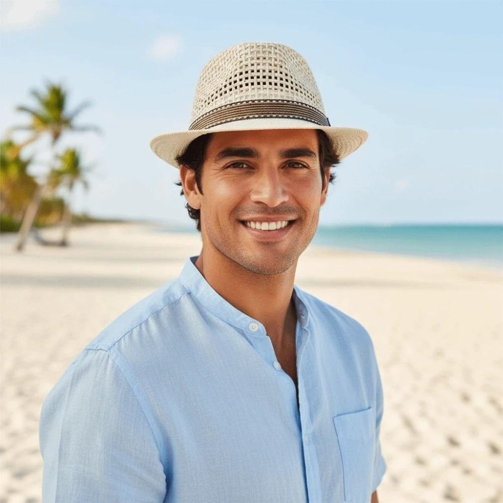 Kurzkrempe Geflochtener Strohhut Leichte Urlaubs-Strandkappe Sonnenschutzkappe Herren Panama-Hut Karneval