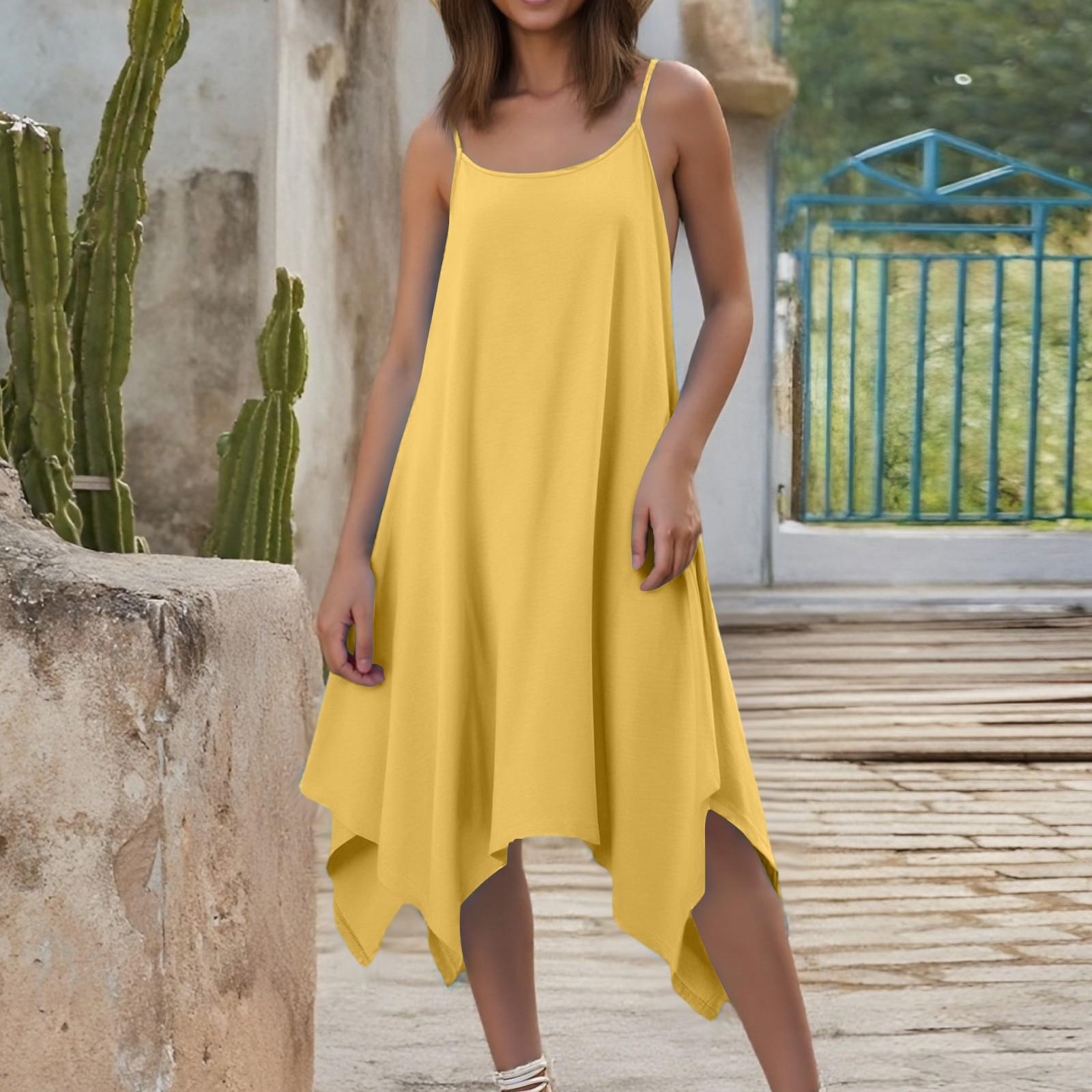 

Женское летнее повседневное однотонное платье на регулируемых бретелях с круглым вырезом и карманами XL жёлтый