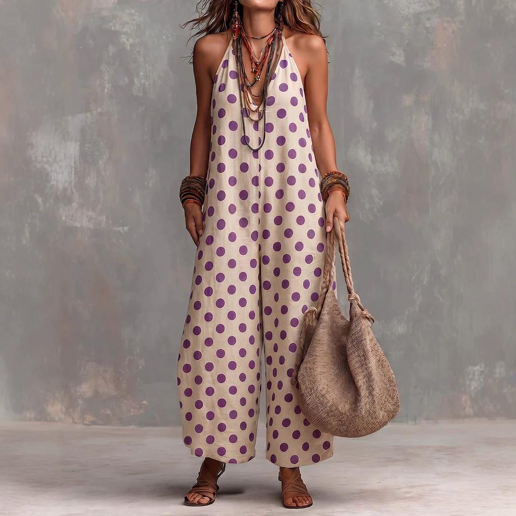 2026 European and American New Summer Cross-border Retro Polka Dot V-neck Loose Polka Dot Jumpsuit Sleeveless Straight Jumpsuit