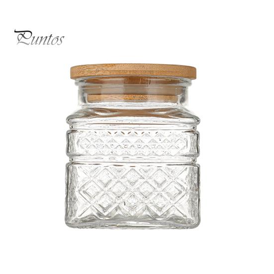 600/1300/2000ML Glass Storage Jar Vintage Diamond Pattern with Bamboo Lid Good Sealing Large Capacity Kitchen Storage Container