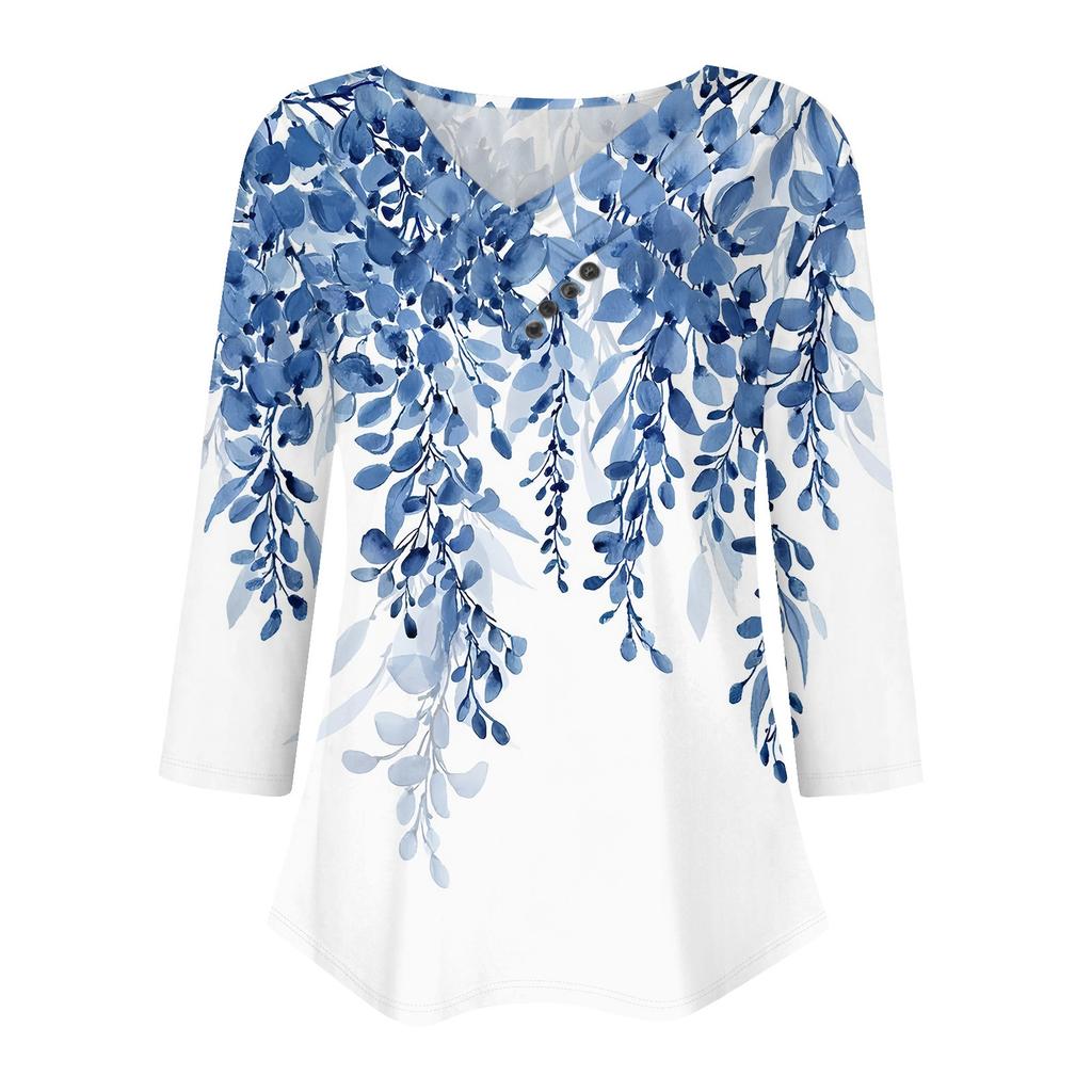 Womens 3/4 Sleeve Daily Weekend V Neck Casual Printed Tshirts Loose Fit Pleated Tees Ladies Blouse