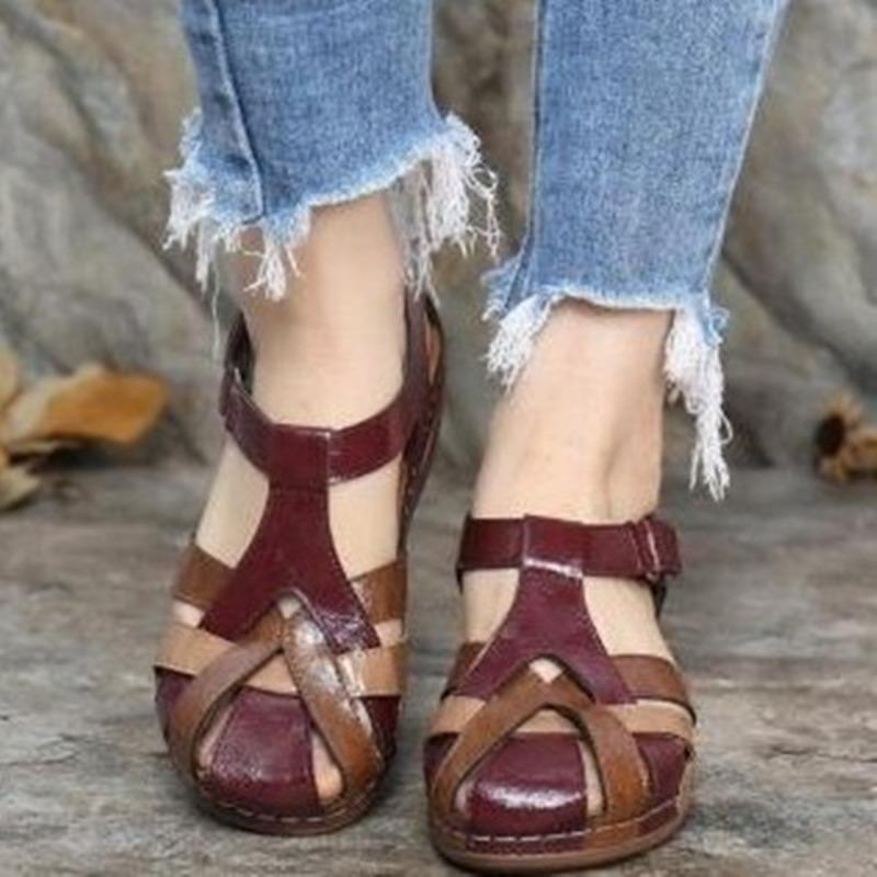 Women's shoes summer new retro round head wedge heel cross buckle women's sandals